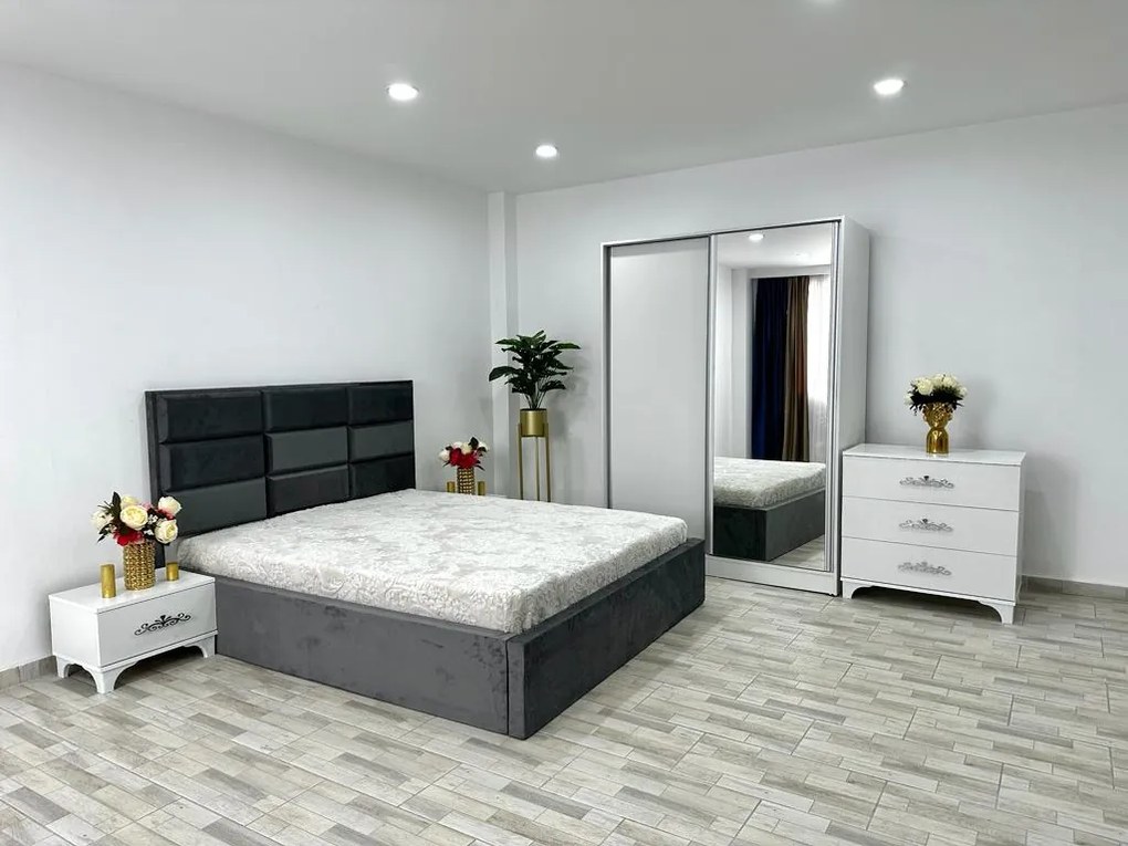 Dormitor complet Roma, culoare gri / alb, cu pat Roma 160 x 200 cm, dressing Erika, 2 noptiere si comoda Viena