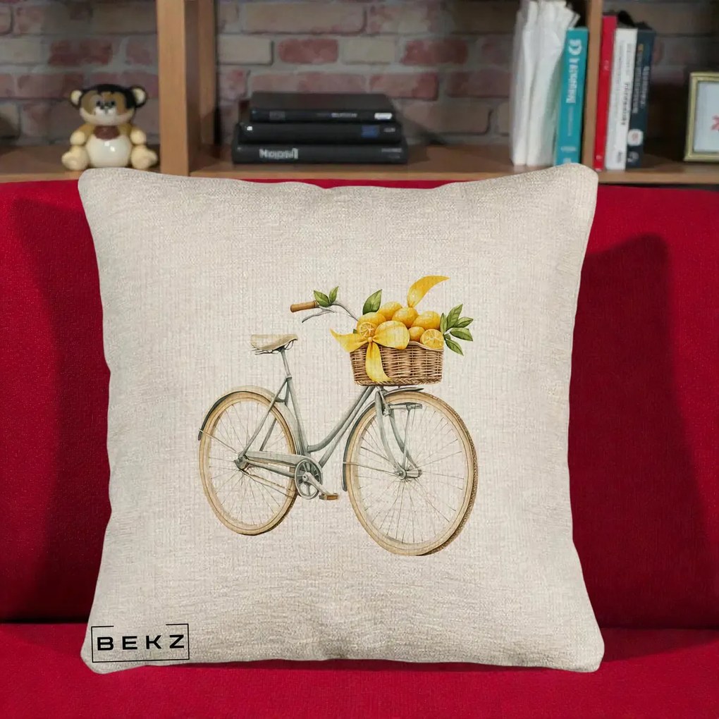 Perna Decorativa Bicicleta cu Cos de Lamai Mediteranean, 40x40 cm, Bej Canapea, Husa Detasabila, Perna Inclusa, BEKZ®