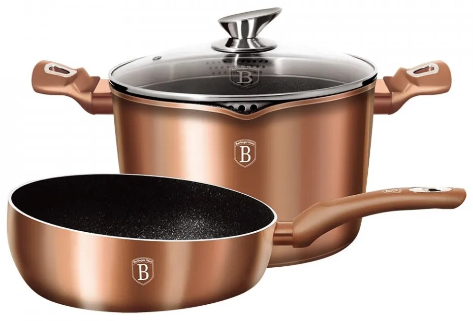 Set oala cu capac pentru paste si orez si tigaie de sotat marmorate (3 piese) din aluminiu forjat Rose Gold (Cupru) Metalic Line Berlinger Haus BH 1842N