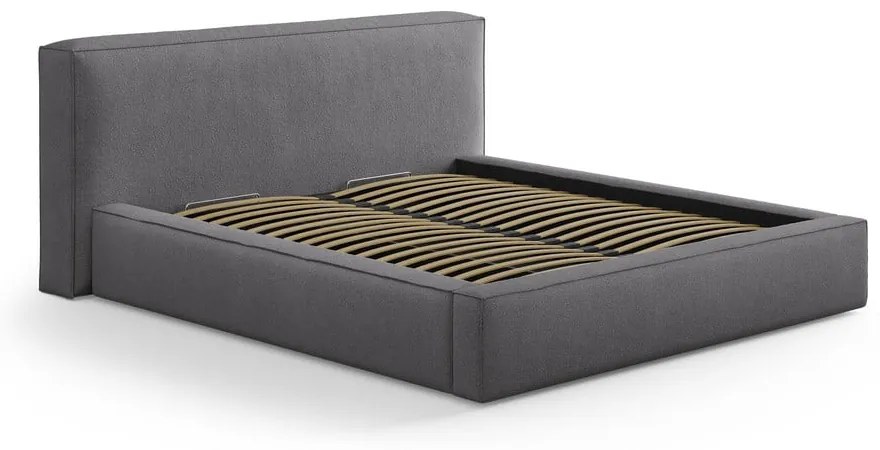 Pat matrimonial gri închis tapițat cu spațiu de depozitare cu somieră 160x200 cm Simon – Micadoni