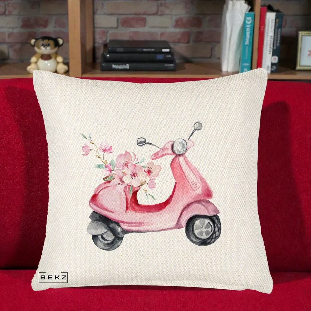 Perna Decorativa Scuter Roz cu Flori Acuarela, 40x40 cm, Crem Reliefat, Husa Detasabila, Perna Inclusa, BEKZ®