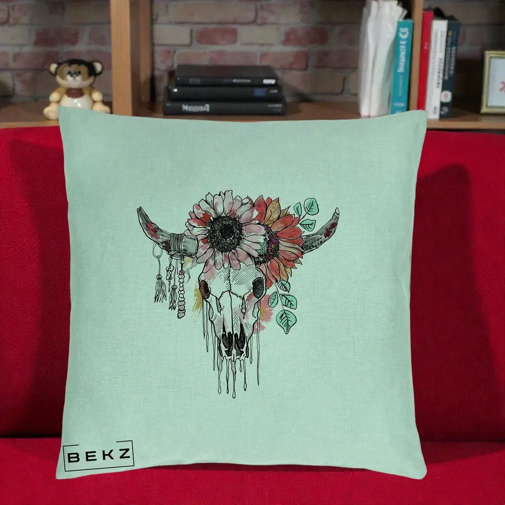 Perna Decorativa Craniu Boho Floral, 40x40 cm, Verde Menta, Husa Detasabila, Perna Inclusa, BEKZ®