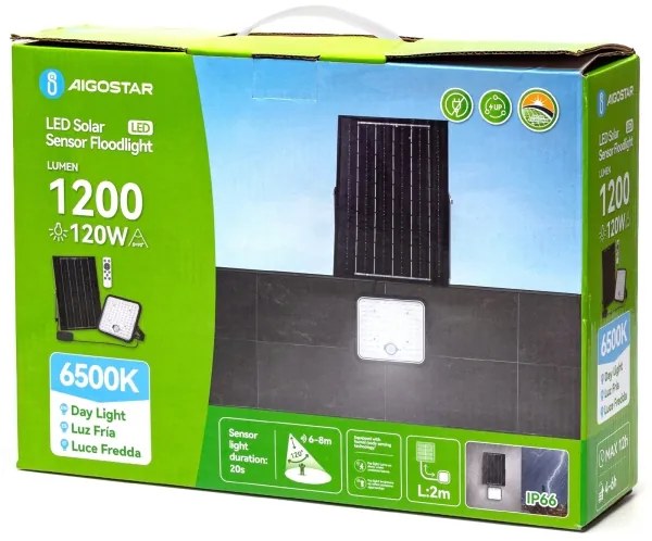 Aigostar - Proiector solar LED reglabil cu senzor, 120W, 3,4V, IP66 + telecomandă