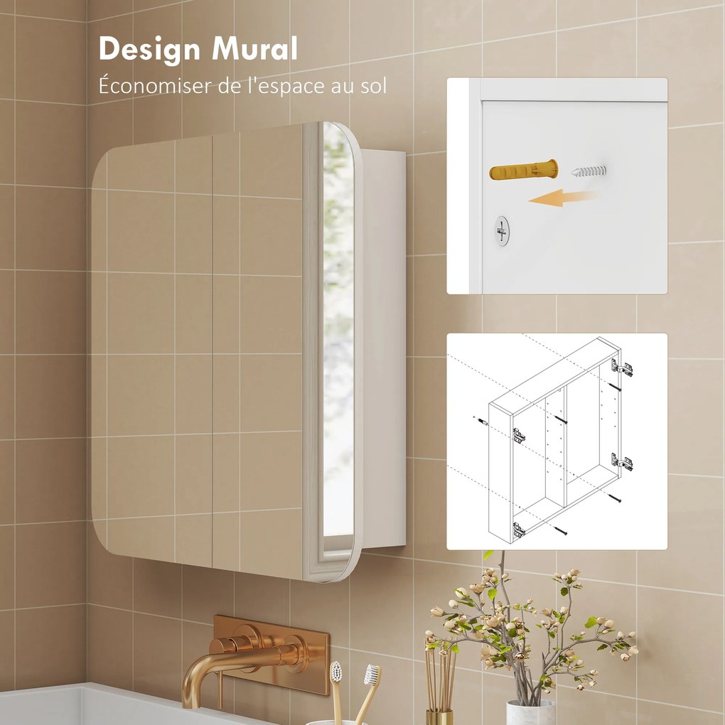 HOMCOM Dulap de perete pentru baie cu oglindă arcuită mobilier pentru baie rafturi reglabile uși oglindă 68 x 13 x 66 cm alb | Aosom Romania