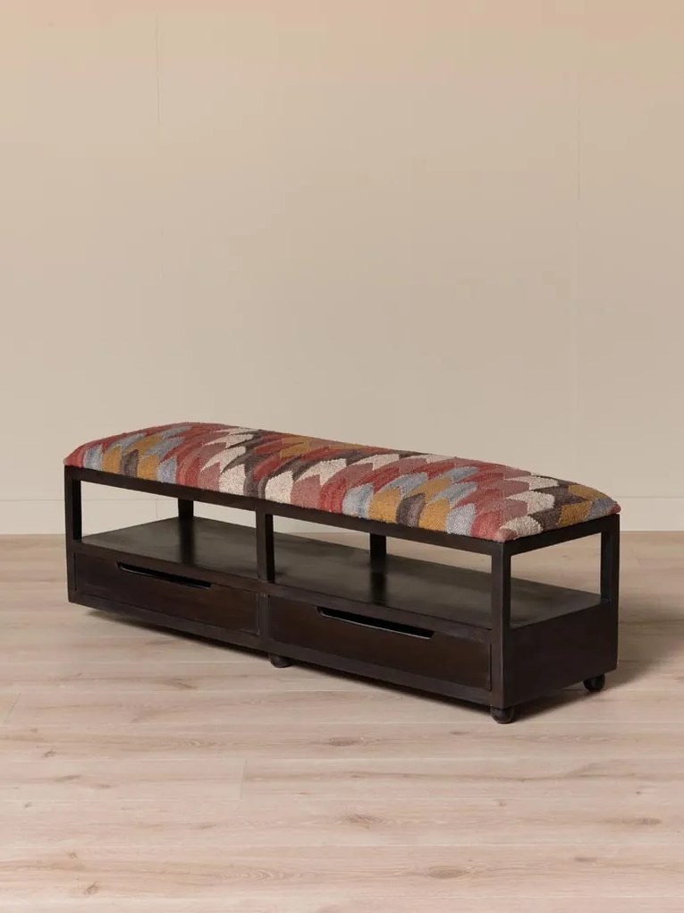 Banchetă din lemn de acacia, cu 2 sertare, tapițată cu iută și lână, multicolor, 40×138×40,5 cm, „Tikana"