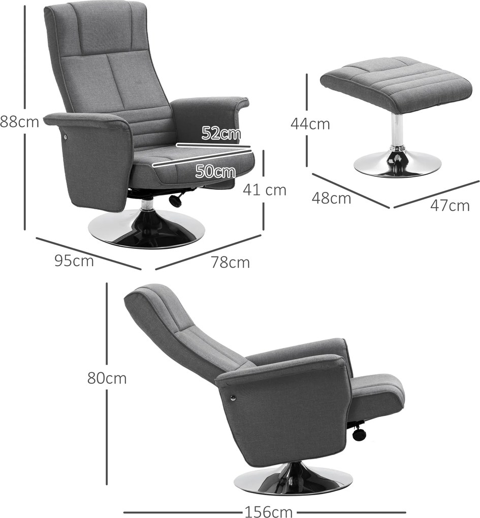 HOMCOM Fotoliu de masaj și reclinabil cu suport pentru picioare, din material textil cu efect de in, 78x90x93 cm, Gri Închis | Aosom Romania