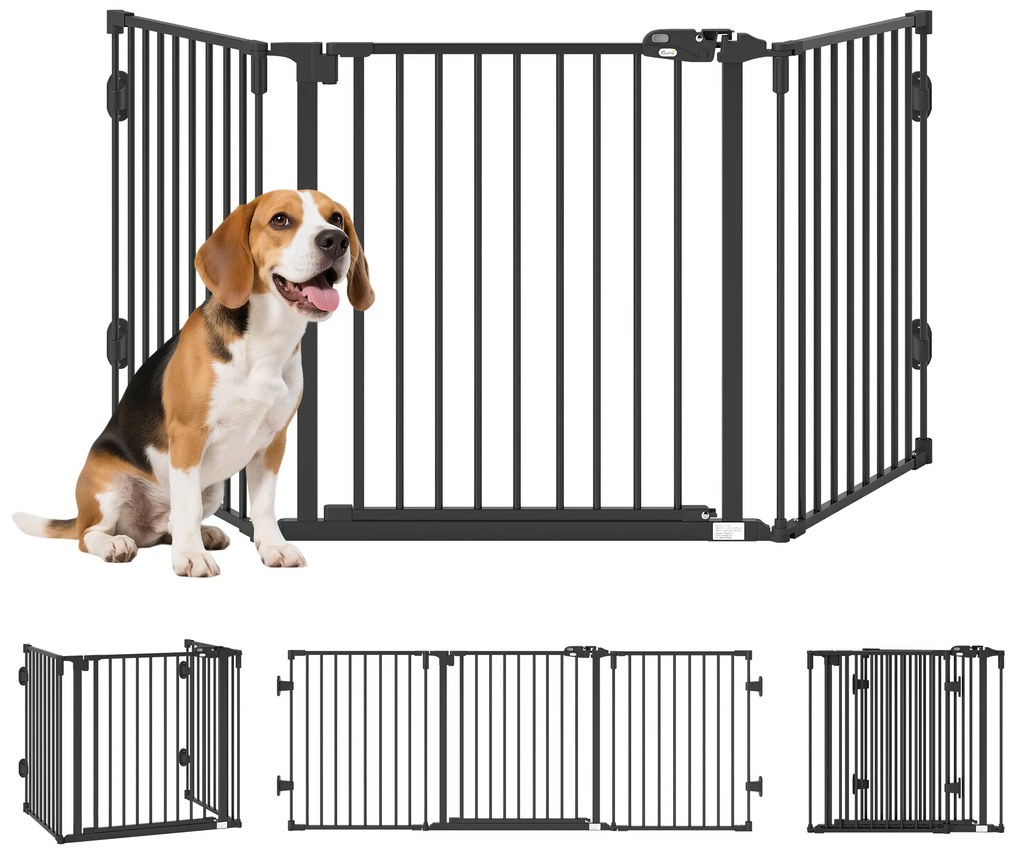 PawHut Poartă de Siguranță Pliabilă Oțel Închidere/Blocare Automată 202.5x2x76 cm Neagră Ușor de Folosit | Aosom Romania