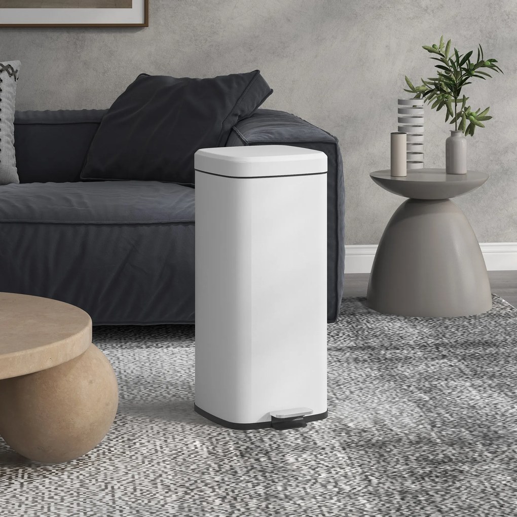 HOMCOM Coș de gunoi de bucătărie 30L cu capac cu închidere moale și pedale, găleată interioară detașabilă, 28L x 35l x 63,5H cm, alb | Aosom Romania