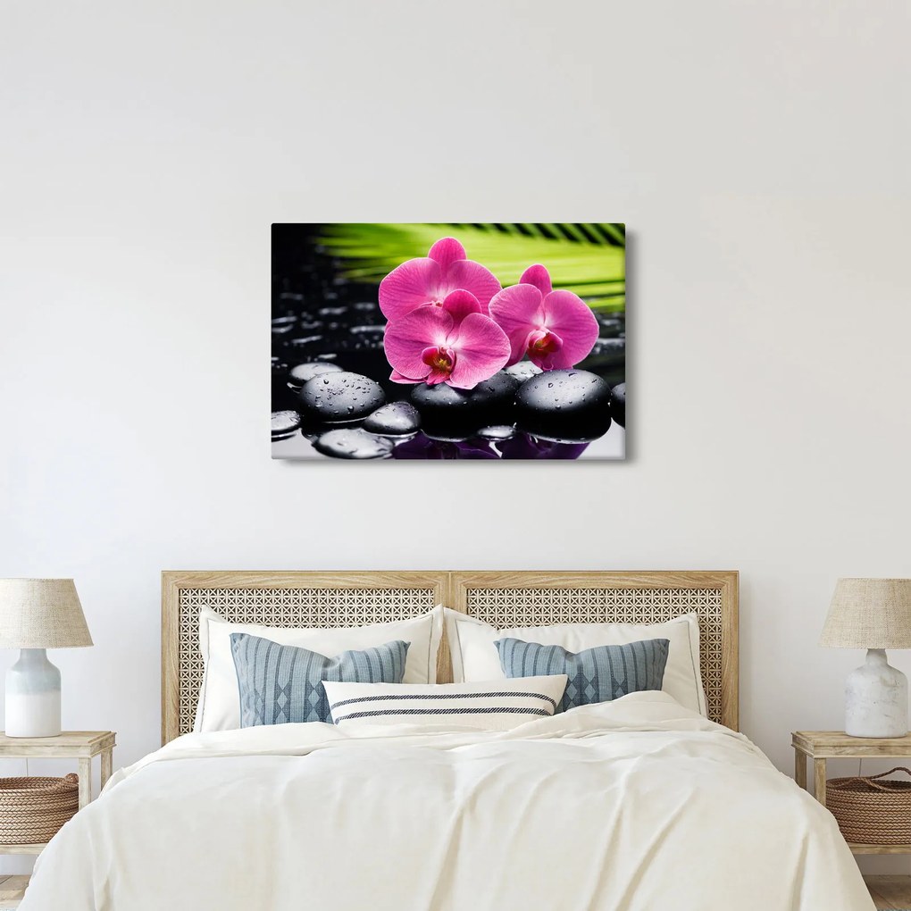 Tablou - Orhidee roz cu frunze de palmier (90x60 cm)