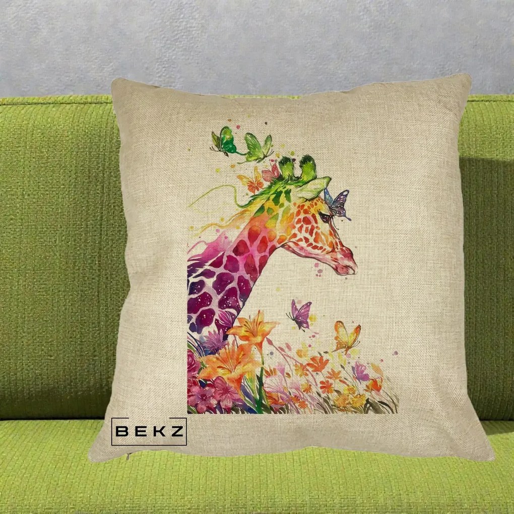 Perna Decorativa Girafa Curcubeu Acuarela, 40x40 cm, Crem, Husa Detasabila, Perna Inclusa, BEKZ®