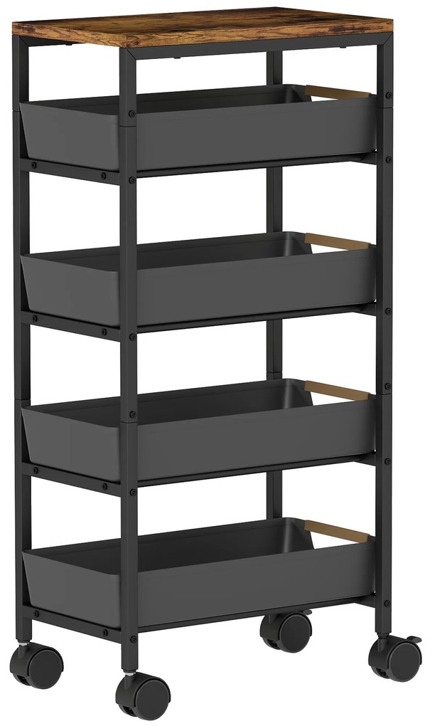 HOMCOM Carucior de Bucătărie de 5 Nivele Carucior Auxiliar cu Roți Tablou Efect Lemn Sertare Extrase 39,5x24x82 cm Negru | Aosom Romania