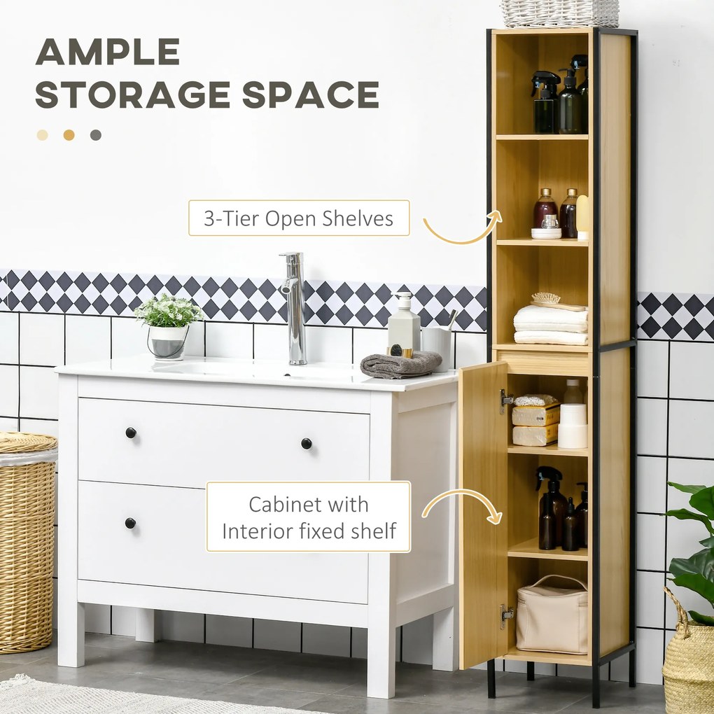 Kleankin Dulap Înalt de Baie Multifuncțional, Design Modern Negru și Natural | Aosom Romania
