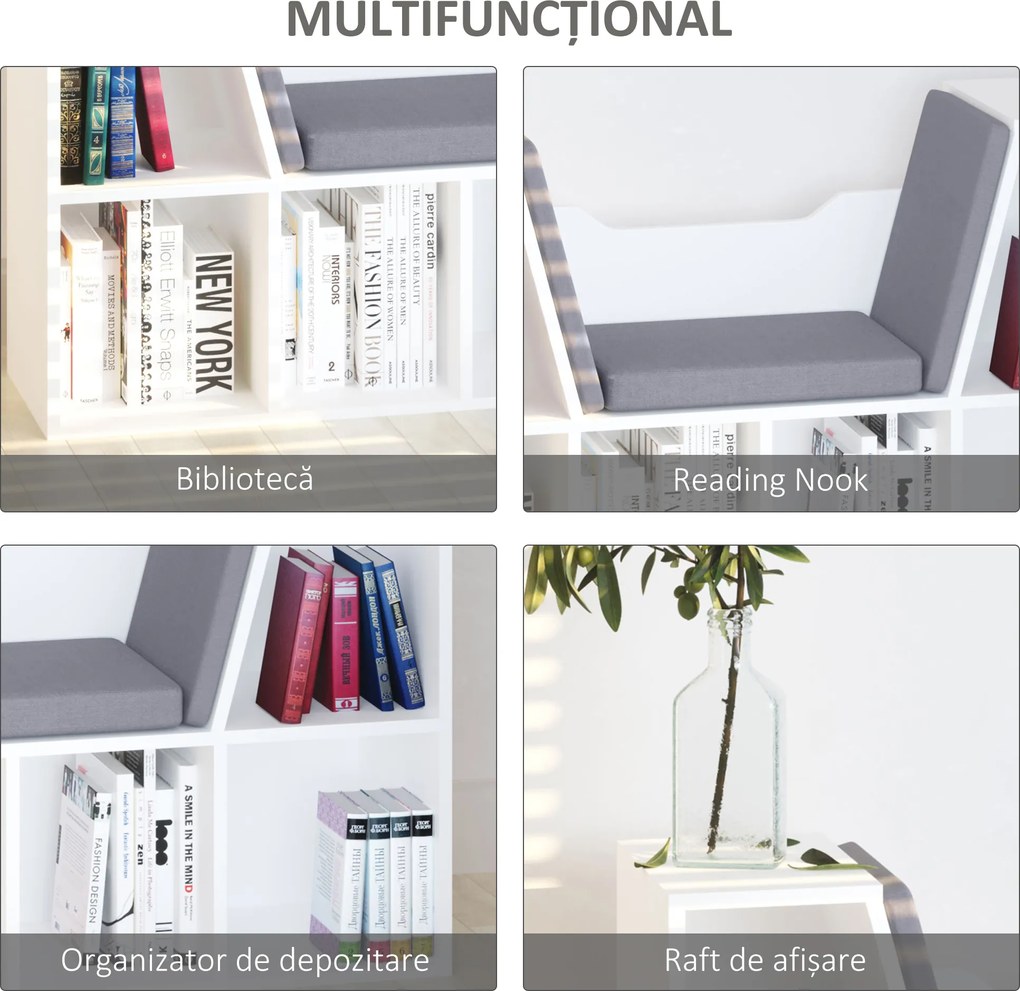 HOMCOM Bibliotecă 2 în 1 cu Perne Confortabile și 6 Compartimente, Mobilier Multifuncțional pentru Cărți și Jocuri, Raft cu 6 Cuburi pentru Sufragerie, Dormitor și Birou, 102x30x61 cm, Alb | Aosom Romania