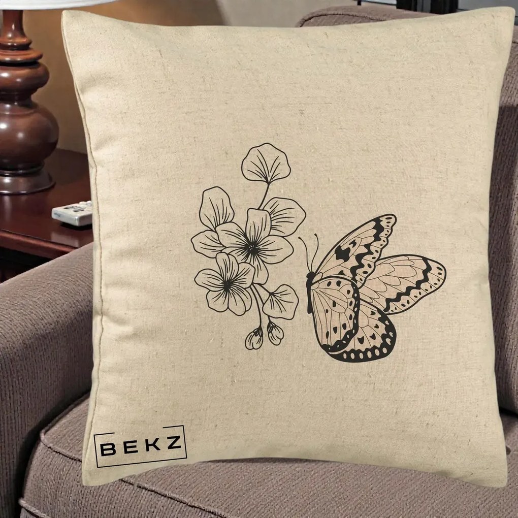 Perna Decorativa Fluture si Flori Linie Monocroma, 40x40 cm, Bej, Husa Detasabila, Perna Inclusa, BEKZ®