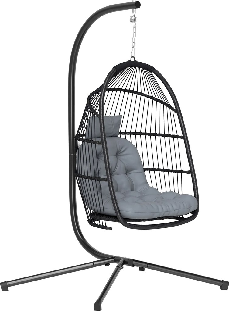 Outsunny Scaun Suspendat tip Ou cu Suport cu Coș Pliabil Pernă și Tetieră pentru Interior și Exterior Sarcină 150 kg Gri | Aosom Romania