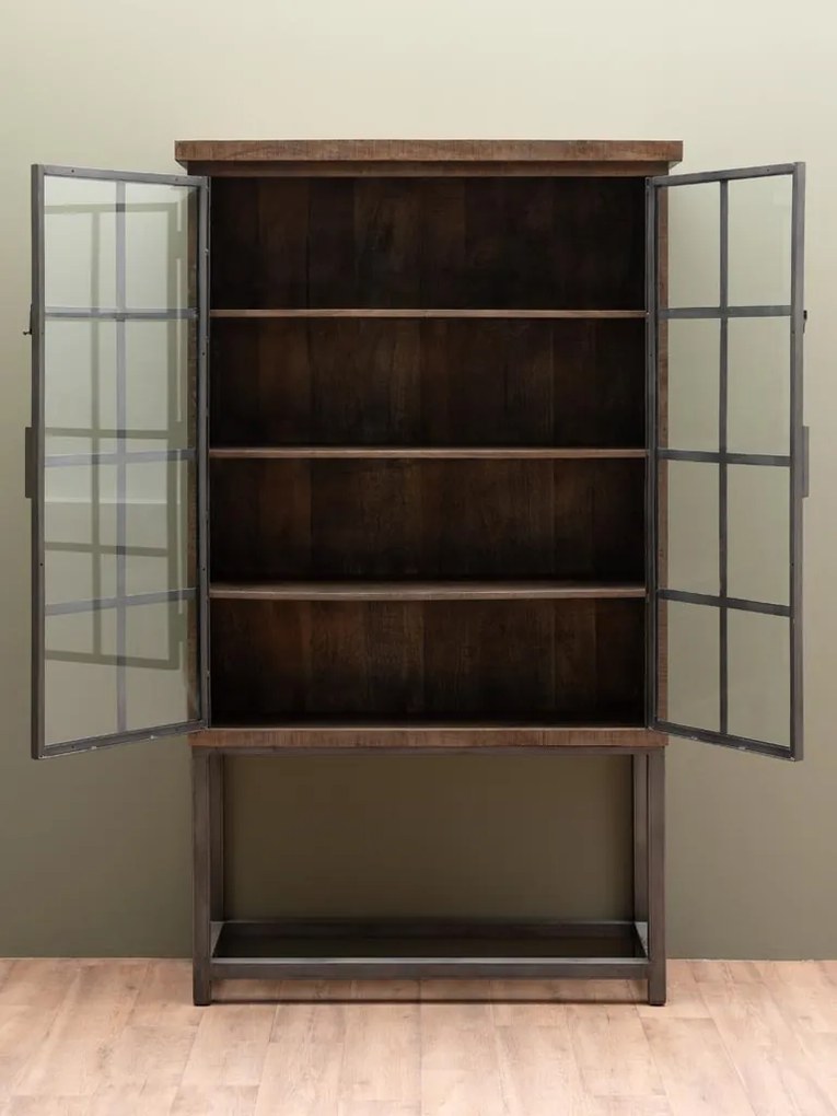 Vitrina din lemn de mango, metal si sticla, aspect vintage, Durbuy