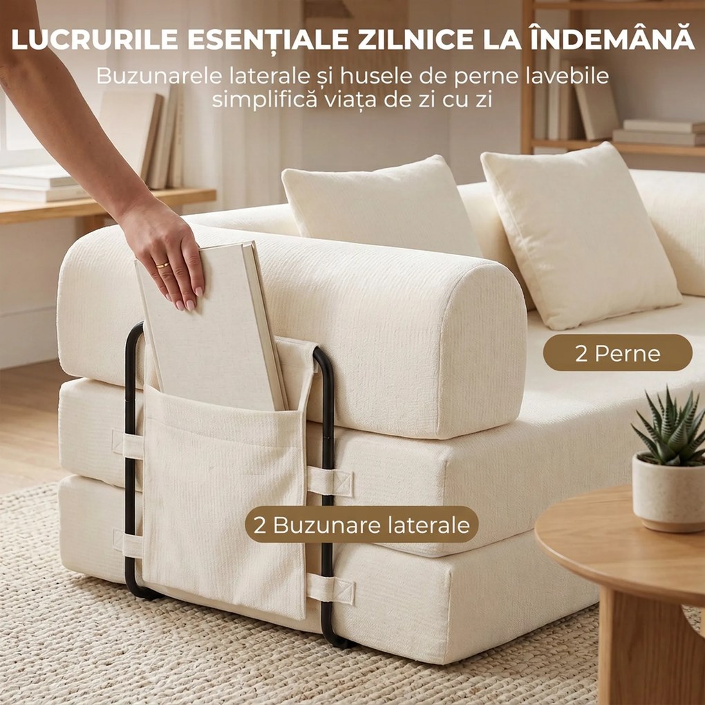 HOMCOM Canapea extensibilă 3 locuri 5 în 1, pliabilă, cu 2 perne din chenille, umplutură groasă, fără montaj, alb | Aosom Romania