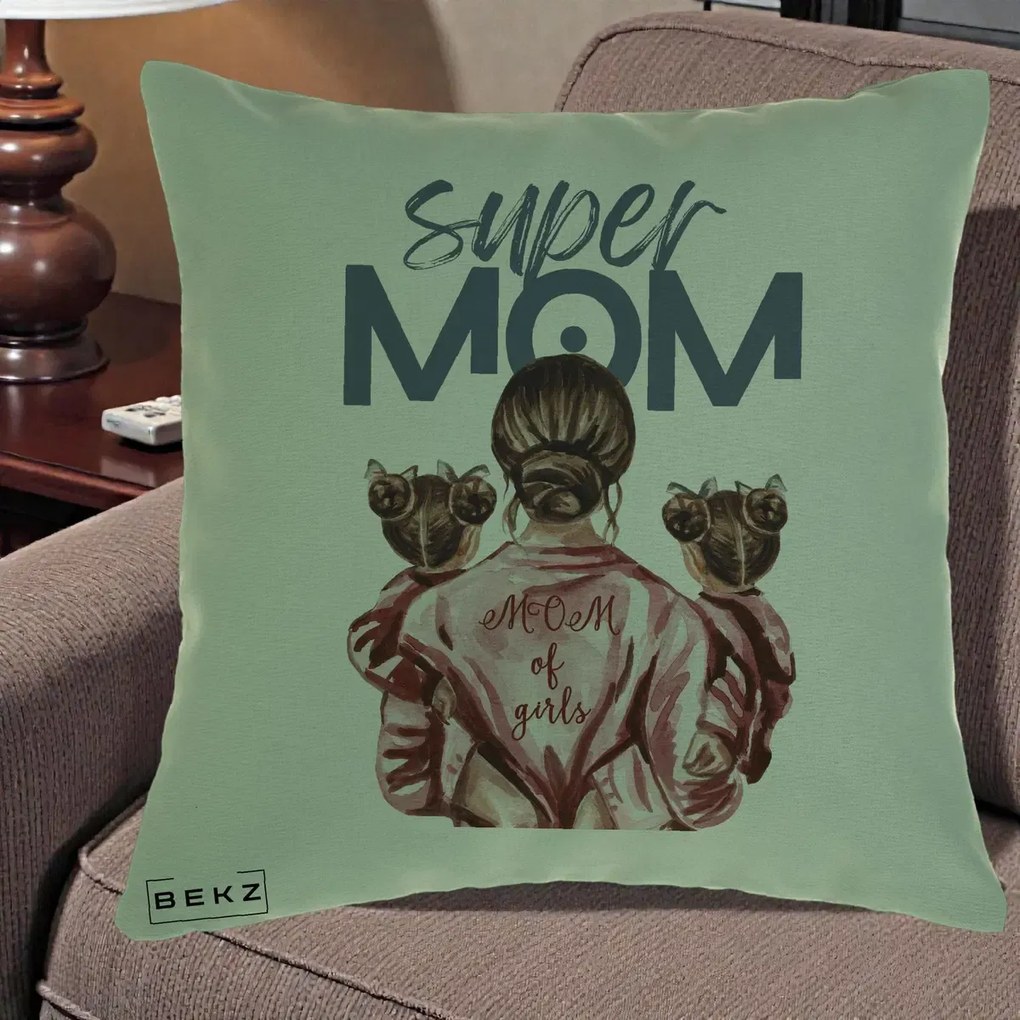 Cadou pentru Mama - Perna Personalizata Super Mom of Girls Mama cu Gemene, 40x40 cm, Verde, Husa Detasabila, Perna Inclusa, BEKZ®