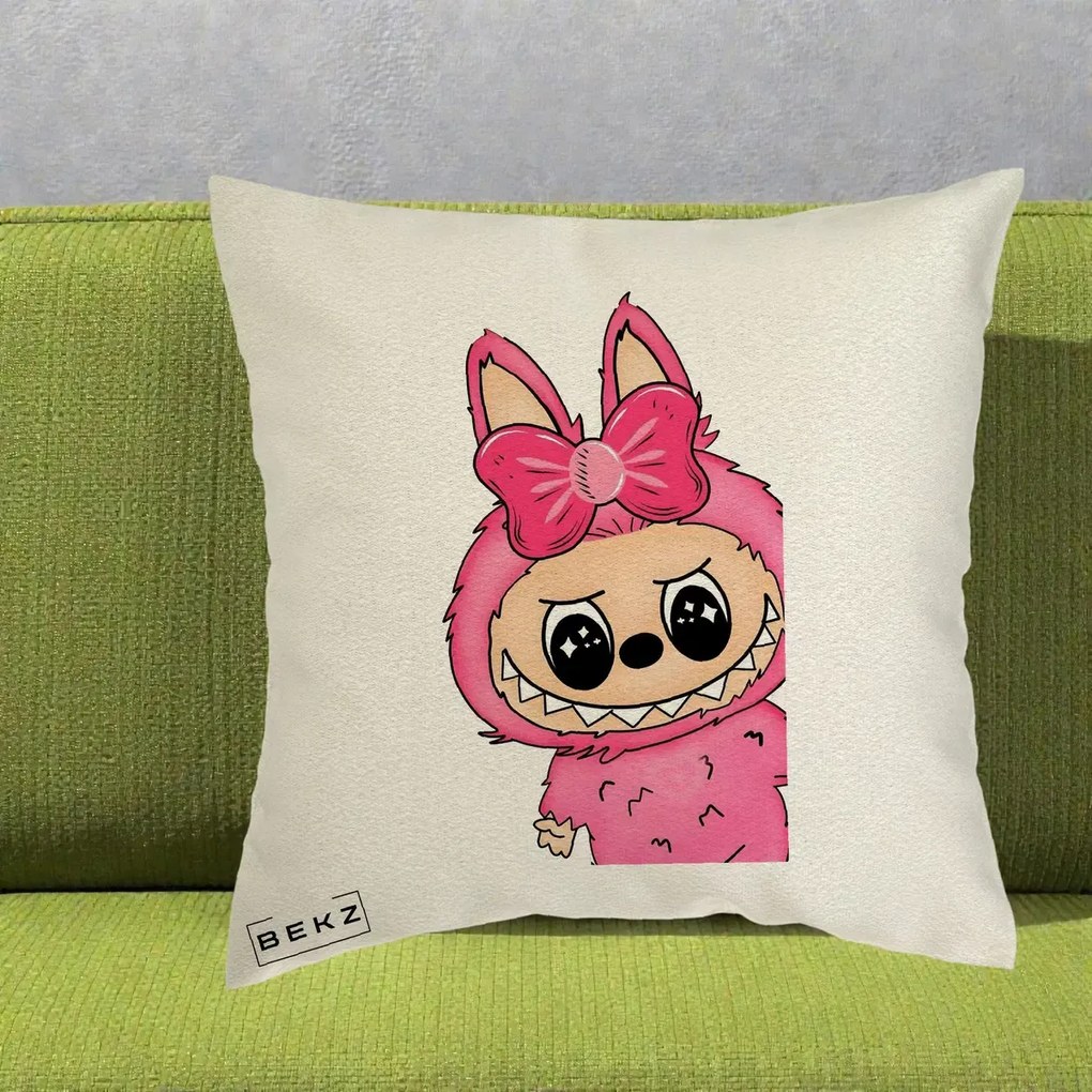 Perna Personalizata Labubu Roz cu Funda, 40x40 cm, Ecru, Husa Detasabila, Perna Inclusa, BEKZ®