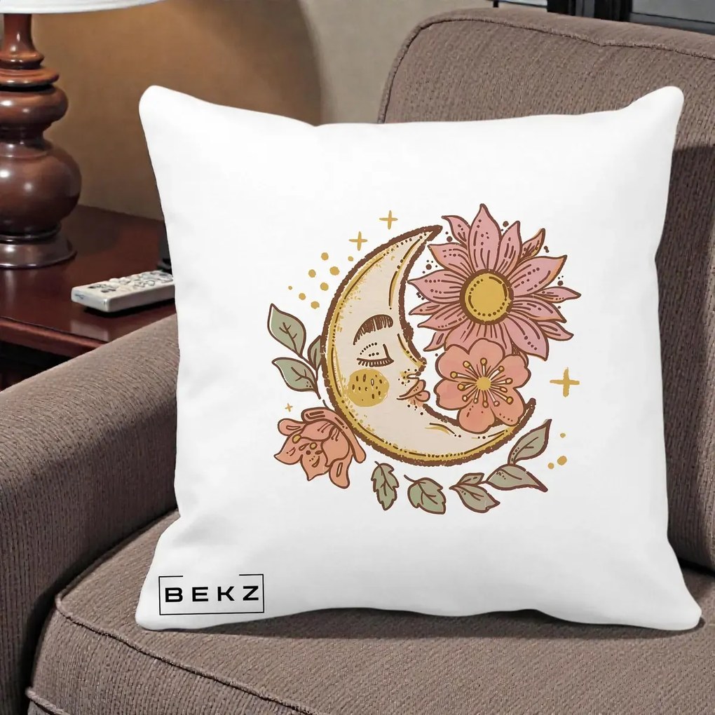 Perna Personalizata Luna Boho Chip Floral, 40x40 cm, Alba Mata, Husa Detasabila, Perna Inclusa, BEKZ®