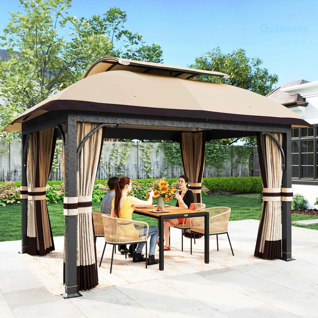 Outsunny Pavilion de grădină, 3,3 x 4 m cort de grădină cu draperii din plasă, acoperiș în două niveluri, acoperire din piele ecologică, cadru metalic, Khaki | Aosom Romania