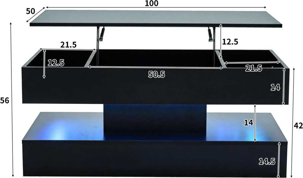 Masă de cafea modernă cu iluminare LED și spațiu de depozitare ascuns, măsuță laterală cu sistem hidraulic de ridicare, 100x50x42 cm, Negru