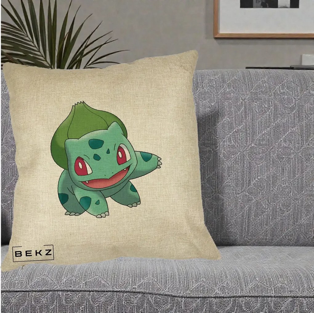 Perna Personalizata Bulbasaur Pokemon, 40x40 cm, Crem, Husa Detasabila, Perna Inclusa, BEKZ®