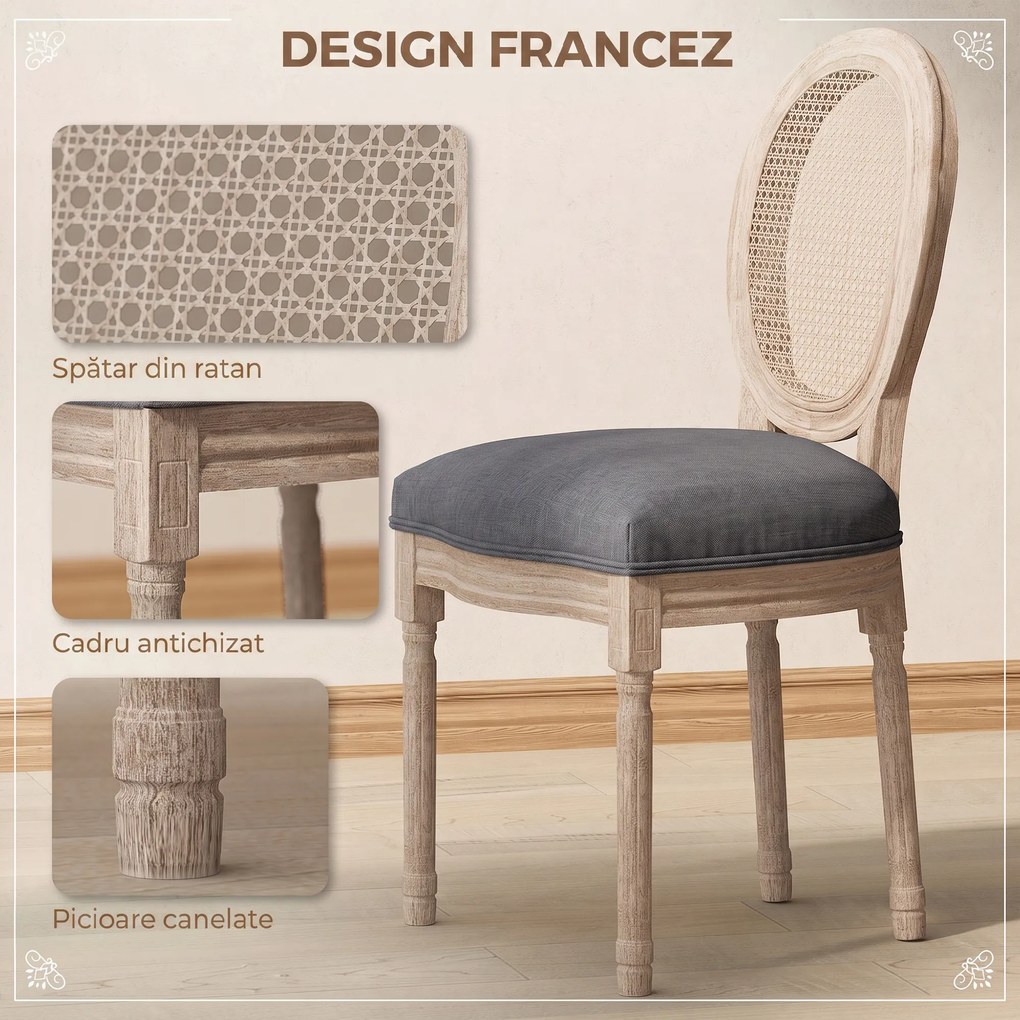 HOMCOM Set 2 Scaune de Dining Vintage, Material cu Efect de In, Spătar din Ratan Perforat, Picioare din Lemn, Gri | Aosom Romania