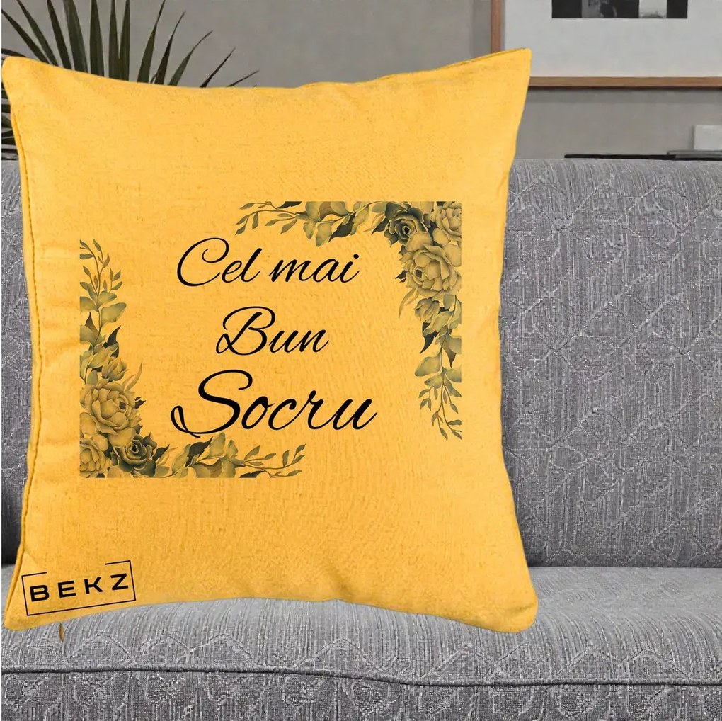 Cadou pentru Socru - Perna Personalizata Cel mai Bun Socru cu Flori Albastre Acuarela, 40x40 cm, Galben, Husa Detasabila, Perna Inclusa, BEKZ®