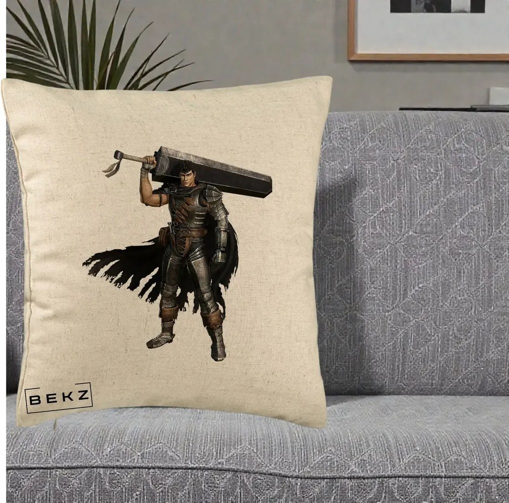 Perna Personalizata Berserk Guts Luptatorul Negru, 40x40 cm, Bej, Husa Detasabila, Perna Inclusa, BEKZ®