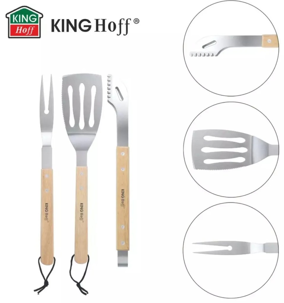 Set 3 ustensile pentru gratar Kinghoff KH1918, inox, manere din lemn