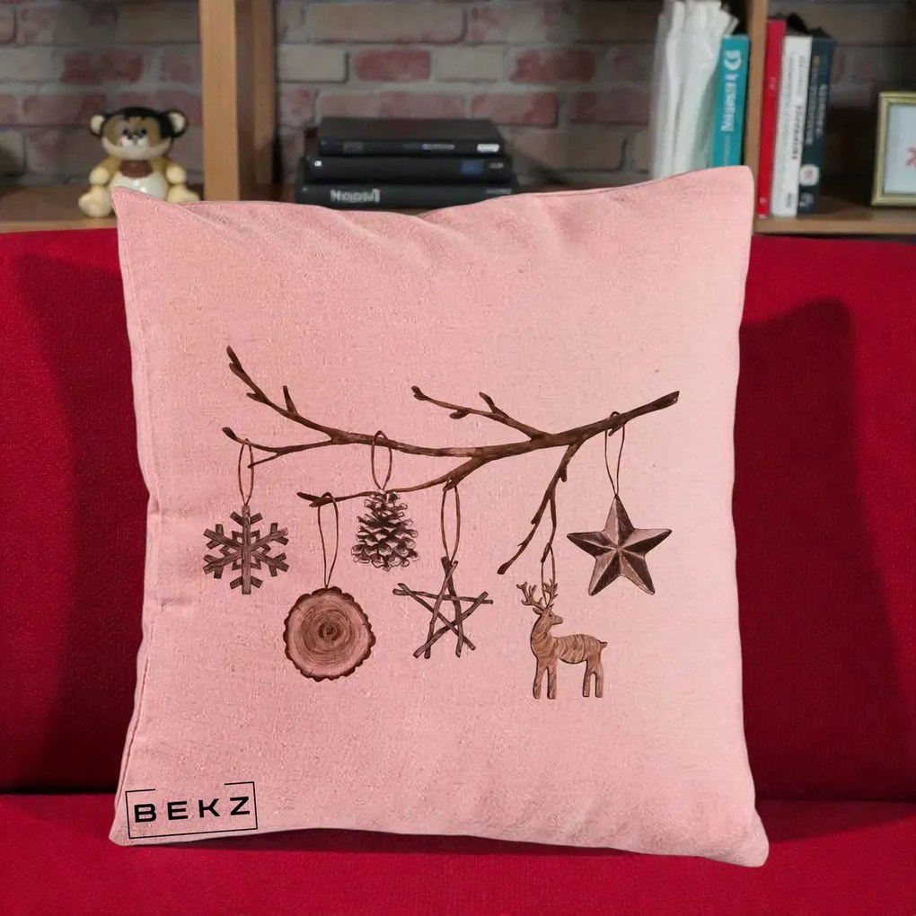 Perna Decorativa Ornamente de Lemn pe Ramura, 40x40 cm, Roz, Husa Detasabila, Perna Inclusa, BEKZ®