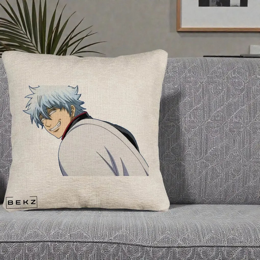 Perna Personalizata Gintama Gintoki Portret cu Zambet, 40x40 cm, Bej Canapea, Husa Detasabila, Perna Inclusa, BEKZ®
