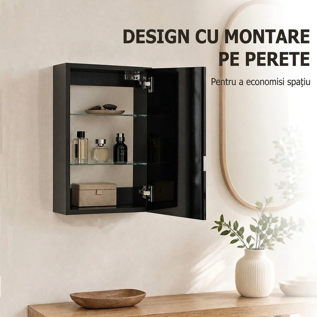 HOMCOM Dulap de baie de perete din lemn cu 3 rafturi reglabile din sticlă pe 3 niveluri, 40x15x55 cm, negru | Aosom Romania
