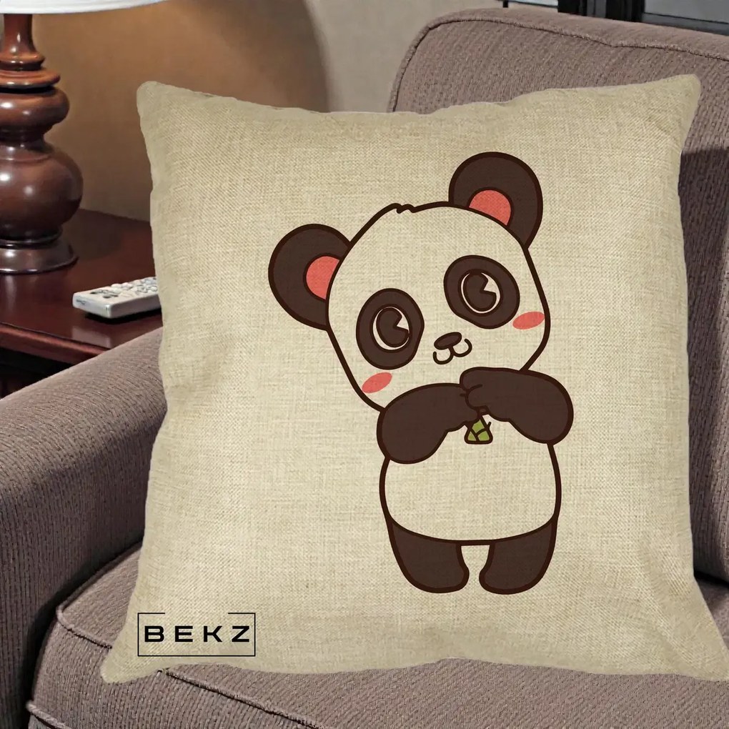 Perna Personalizata Panda Kawaii cu Bambus, 40x40 cm, Crem, Husa Detasabila, Perna Inclusa, BEKZ®