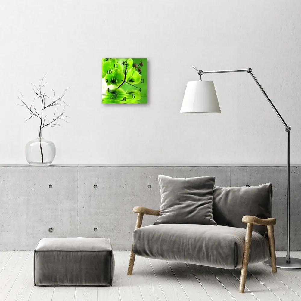 Ceas de perete din sticla pătrat Orhidee Flori verzi
