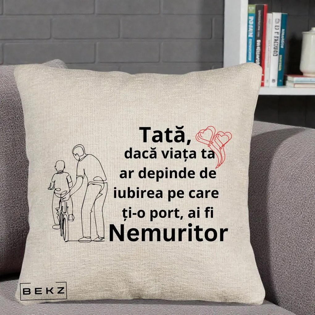 Cadou pentru Tata - Perna Personalizata Tata Nemuritor Bicicleta, 40x40 cm, Bej Canapea, Husa Detasabila, Perna Inclusa, BEKZ®