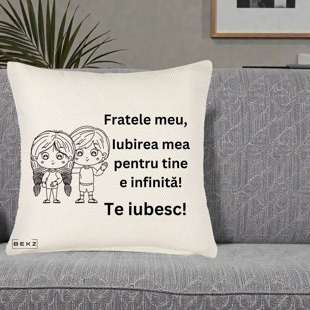 Cadou pentru Frate - Perna Personalizata Fratele Meu Te Iubesc Copii Anime Line Art Negru, 40x40 cm, Crem Reliefat, Husa Detasabila, Perna Inclusa, BEKZ®