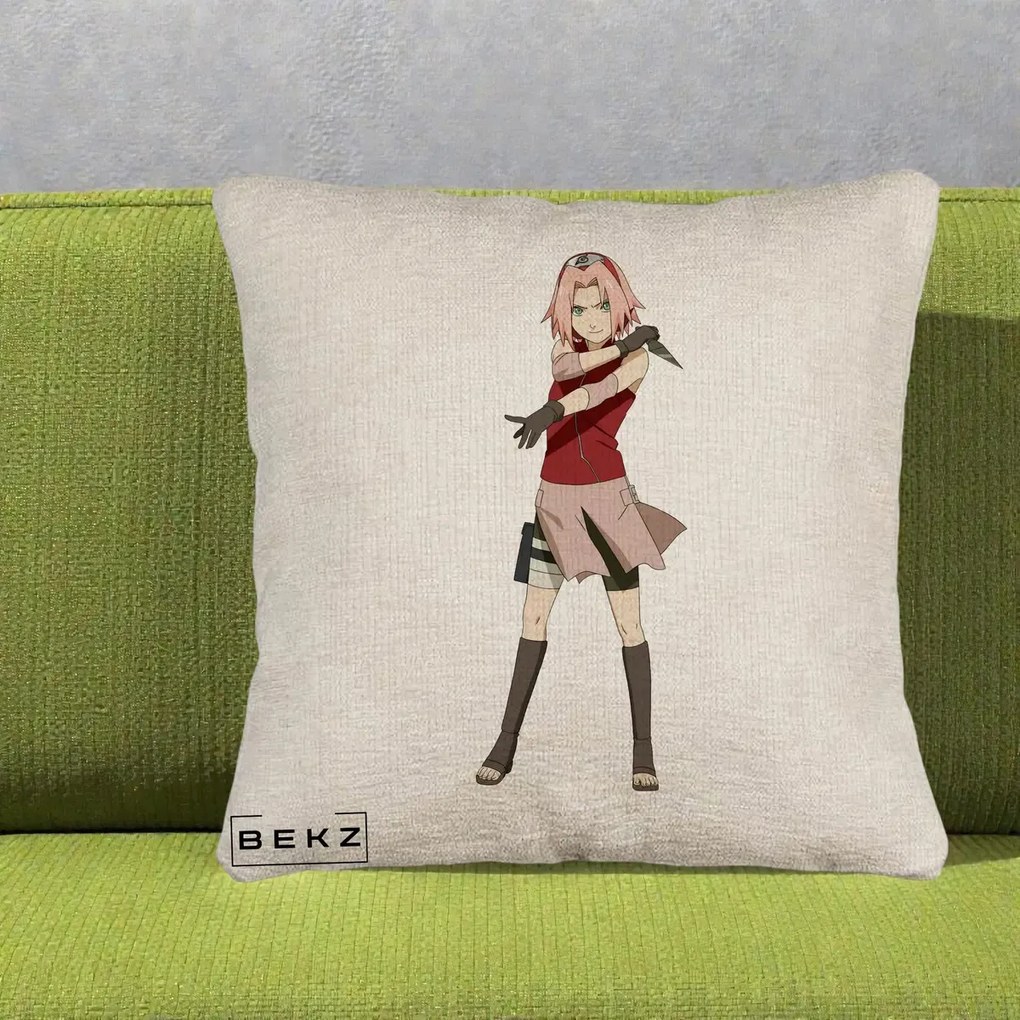 Perna Personalizata Naruto Sakura Haruno Portret, 40x40 cm, Bej Canapea, Husa Detasabila, Perna Inclusa, BEKZ®