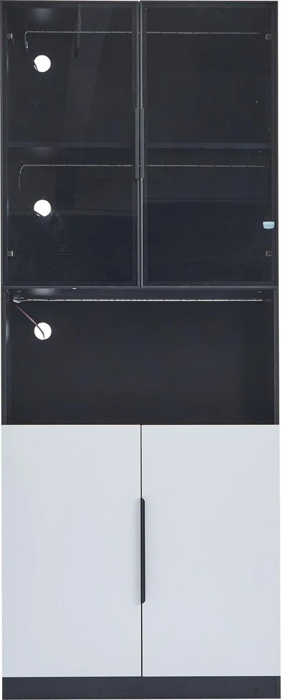Vitrină modernă minimalistă cu uși din sticlă, lumini LED, 80x30x200 cm, Alb + Negru