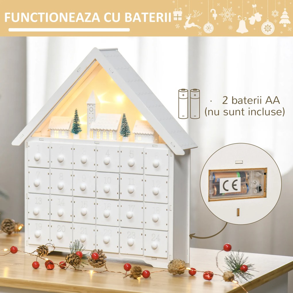 Calendar de Advent, Calendar din Lemn cu 24 sertare, decoratiune de craciun cu lumini HOMCOM | Aosom Romania