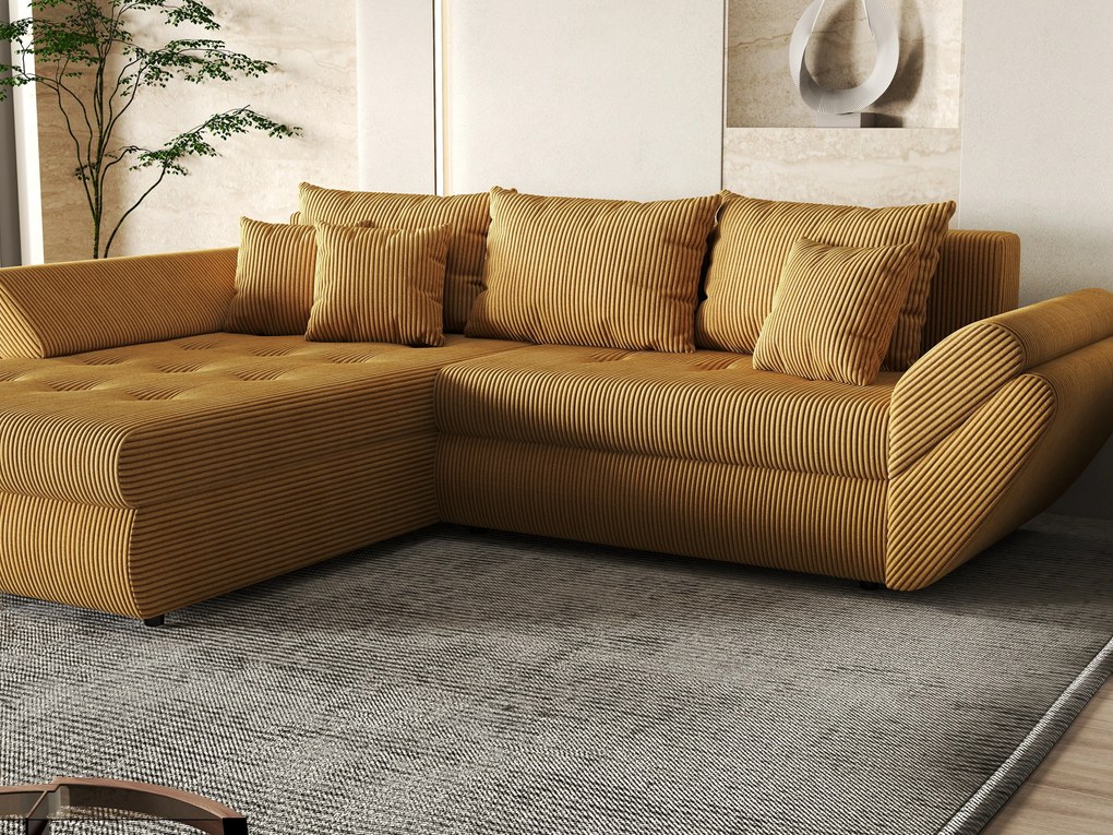 Colțar extensibil dumonde cu ladă de depozitare si sezut confortabil din spuma high-density, Loana Zoom Mustar 270x185 cm