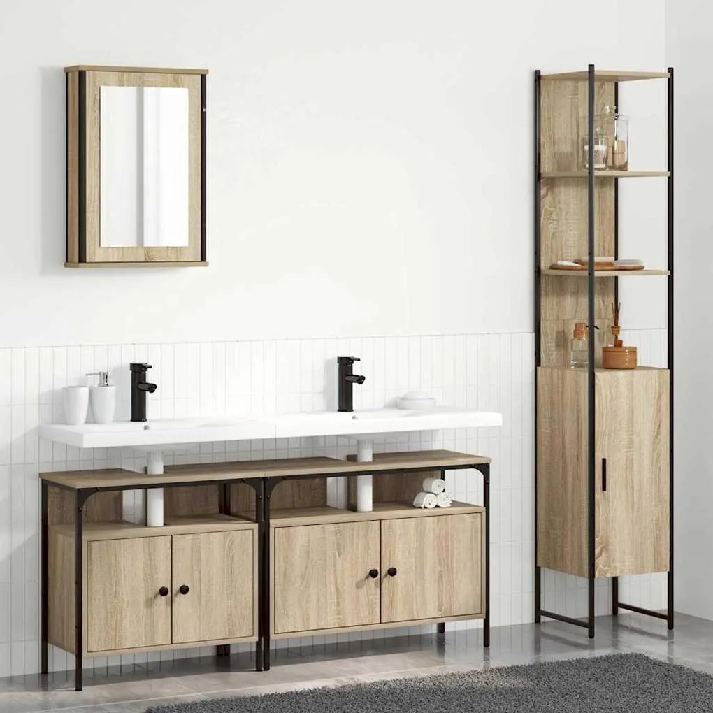 vidaXL Set de mobilier pentru baie cu raft Pe perete cu depozitare cu ușă cu oglindă 4 pcs Stejar sonoma
