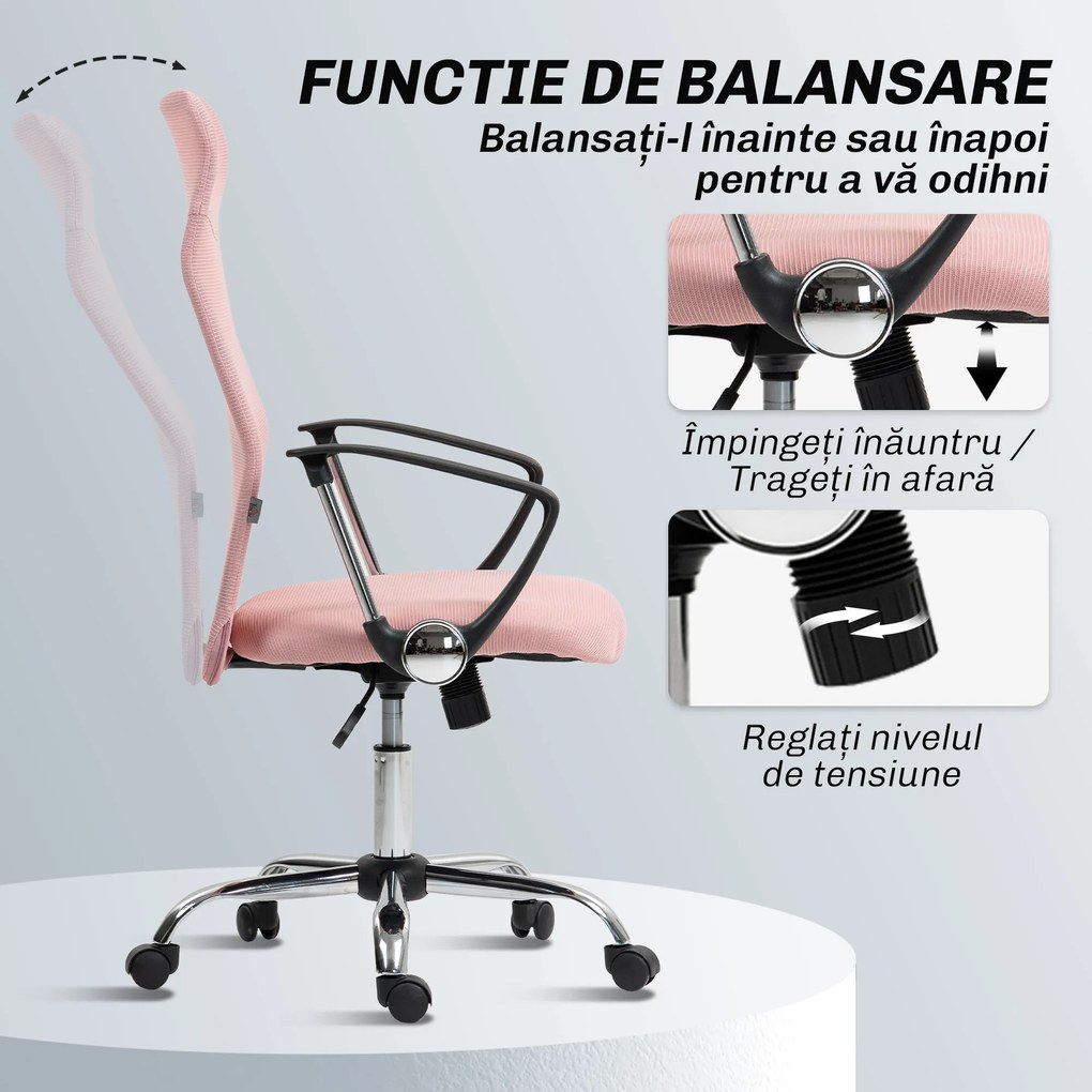 HOMCOM Scaun Ergonomic de Birou cu Înălțime Reglabilă și Spătar din Plasă, Roz | Aosom Romania