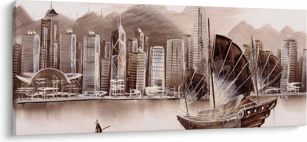 Tablou - Victoria Harbour, Hong Kong, efect sepia (120x50 cm)
