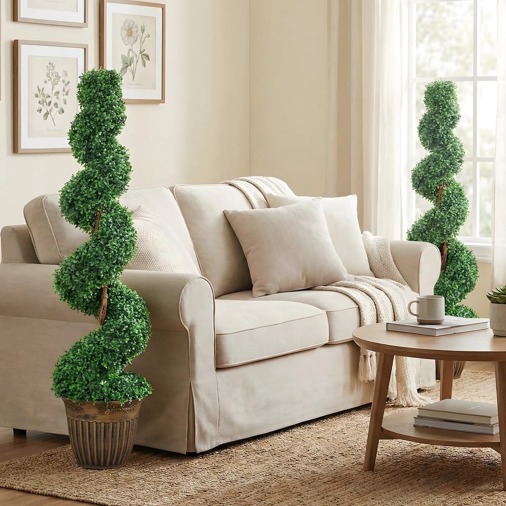 HOMCOM Set 2 plante artificiale buxus spiralate, 120 cm, cu ghiveci inclus, pentru decor interior și exterior, verde | Aosom Romania