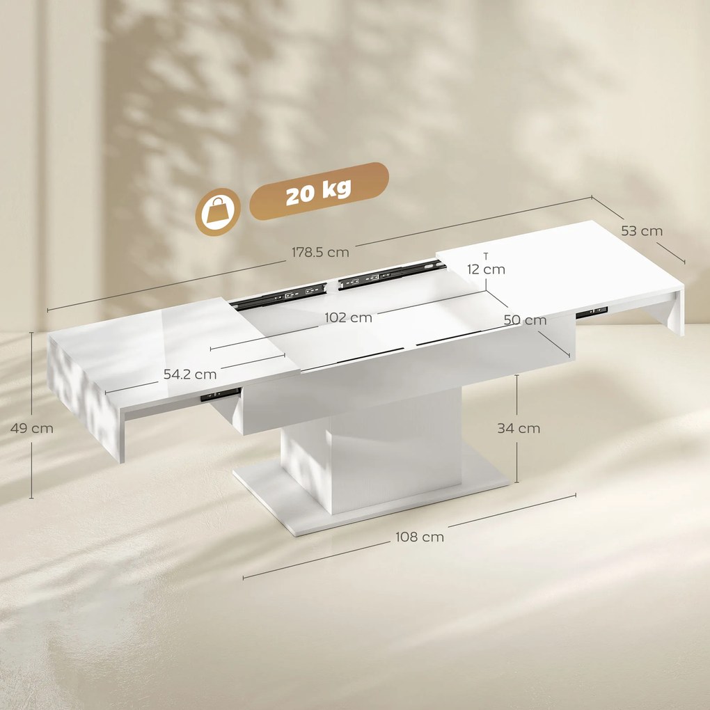 HOMCOM Măsuță de Cafea Extensibilă cu Compartiment, Măsuță de Sufragerie Modernă cu Picioare Antiderapante, Măsuță de Living pentru Acasă Birou, 108-178,5x53x49 cm, Alb Lucios | Aosom Romania