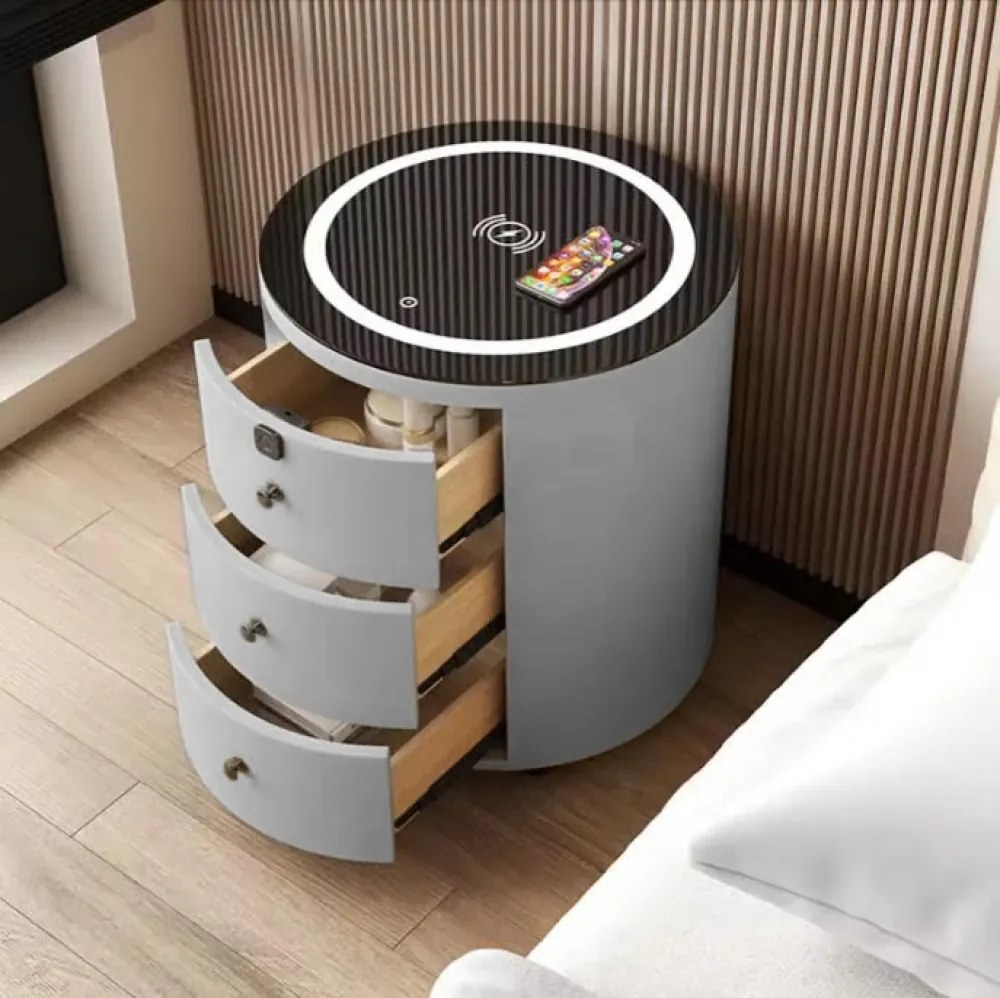 Noptieră inteligentă multifuncțională rotundă, 3 sertare, iluminare LED-uri Touch, blocare amprentă, încărcare fără fir, sticlă securizată, Gri