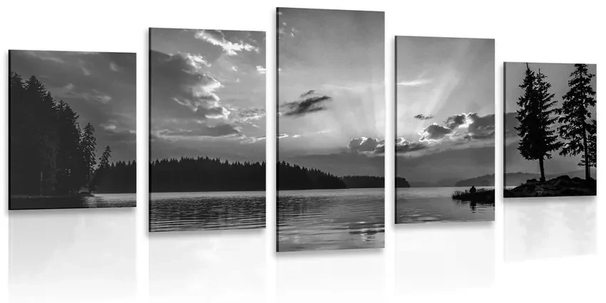 Tablou 5-piese reflexie lacului de munte în design alb-negru