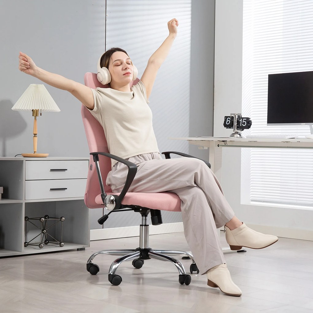 HOMCOM Scaun Ergonomic de Birou cu Înălțime Reglabilă și Spătar din Plasă, Roz | Aosom Romania